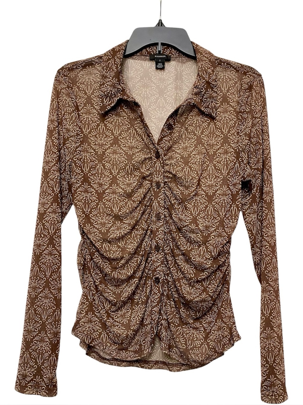 Halogen Sheer Button Up Collar Long Sleeve Blouse L